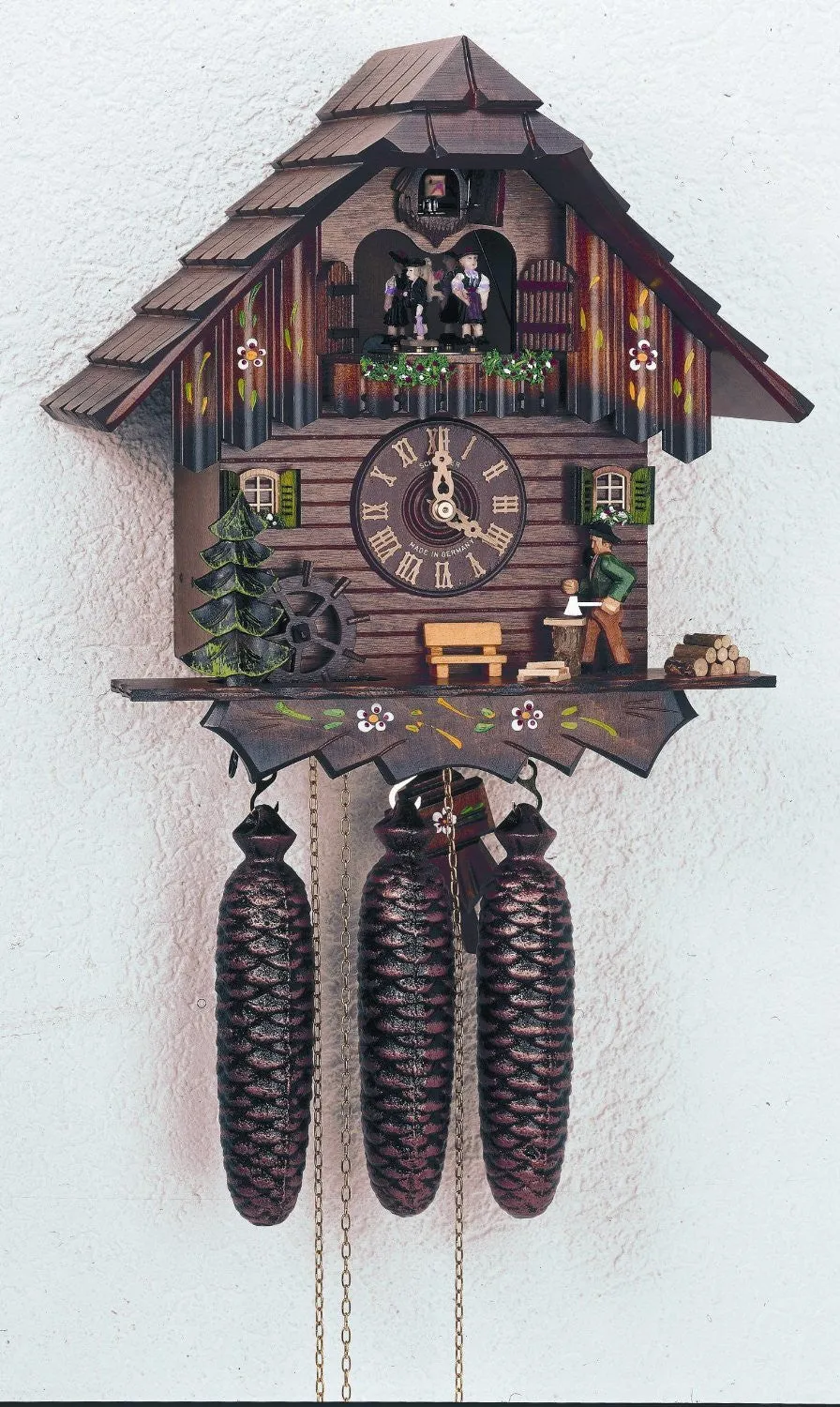 13" Musical Wood Chopper & Painted Flowers Eight Day Cuckoo Clock