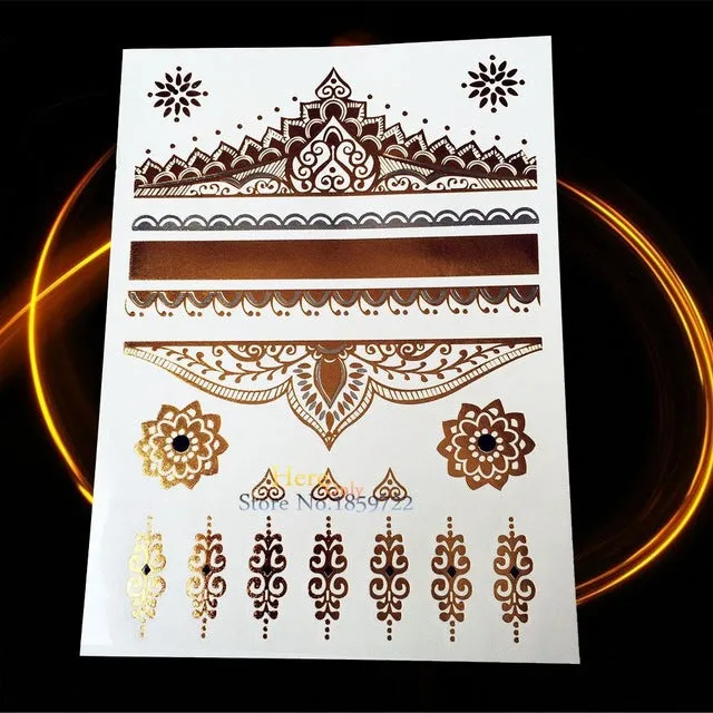 1PC Gold Silver Tattoo India Sun Moon Stars Waterproof Temporary Tattoo Sticker HCT126 Black Chain Bracelet Design Flash Tattoos