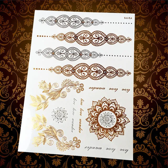 1PC Gold Silver Tattoo India Sun Moon Stars Waterproof Temporary Tattoo Sticker HCT126 Black Chain Bracelet Design Flash Tattoos