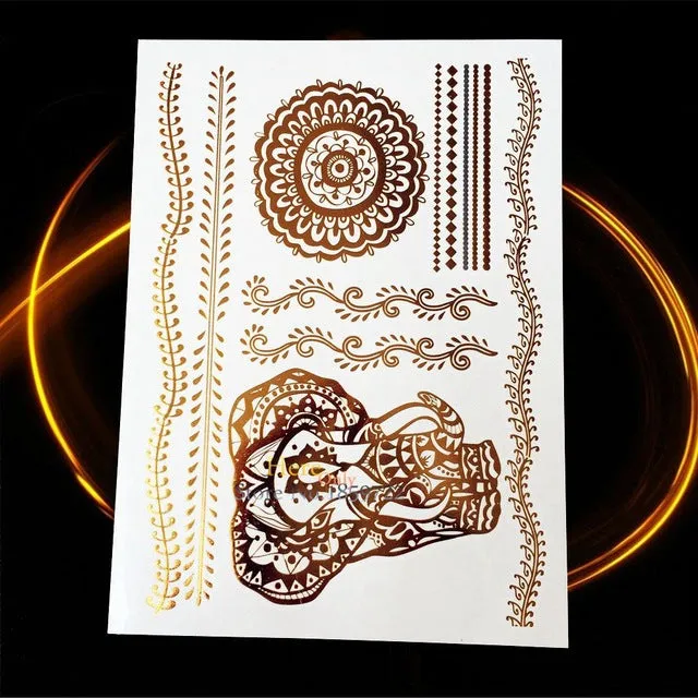 1PC Gold Silver Tattoo India Sun Moon Stars Waterproof Temporary Tattoo Sticker HCT126 Black Chain Bracelet Design Flash Tattoos