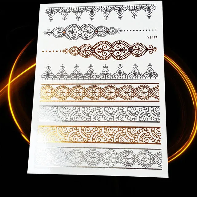 1PC Gold Silver Tattoo India Sun Moon Stars Waterproof Temporary Tattoo Sticker HCT126 Black Chain Bracelet Design Flash Tattoos