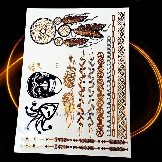 1PC Gold Silver Tattoo India Sun Moon Stars Waterproof Temporary Tattoo Sticker HCT126 Black Chain Bracelet Design Flash Tattoos