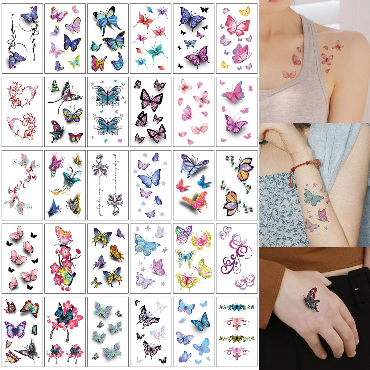 30pc Butterfly Temporary Tattoos Colorful Waterproof Realistic Body Art