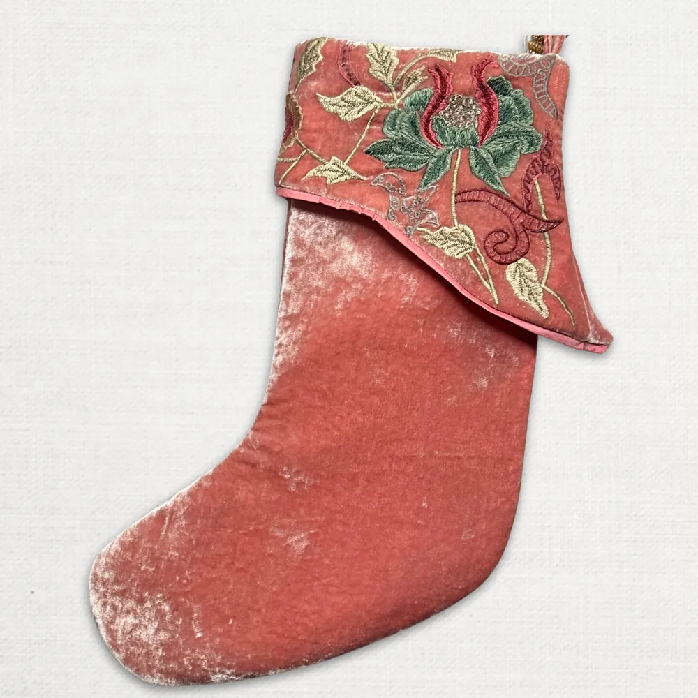 Alina Embroidered Silk Velvet Holiday Stocking in Sorbet Pink