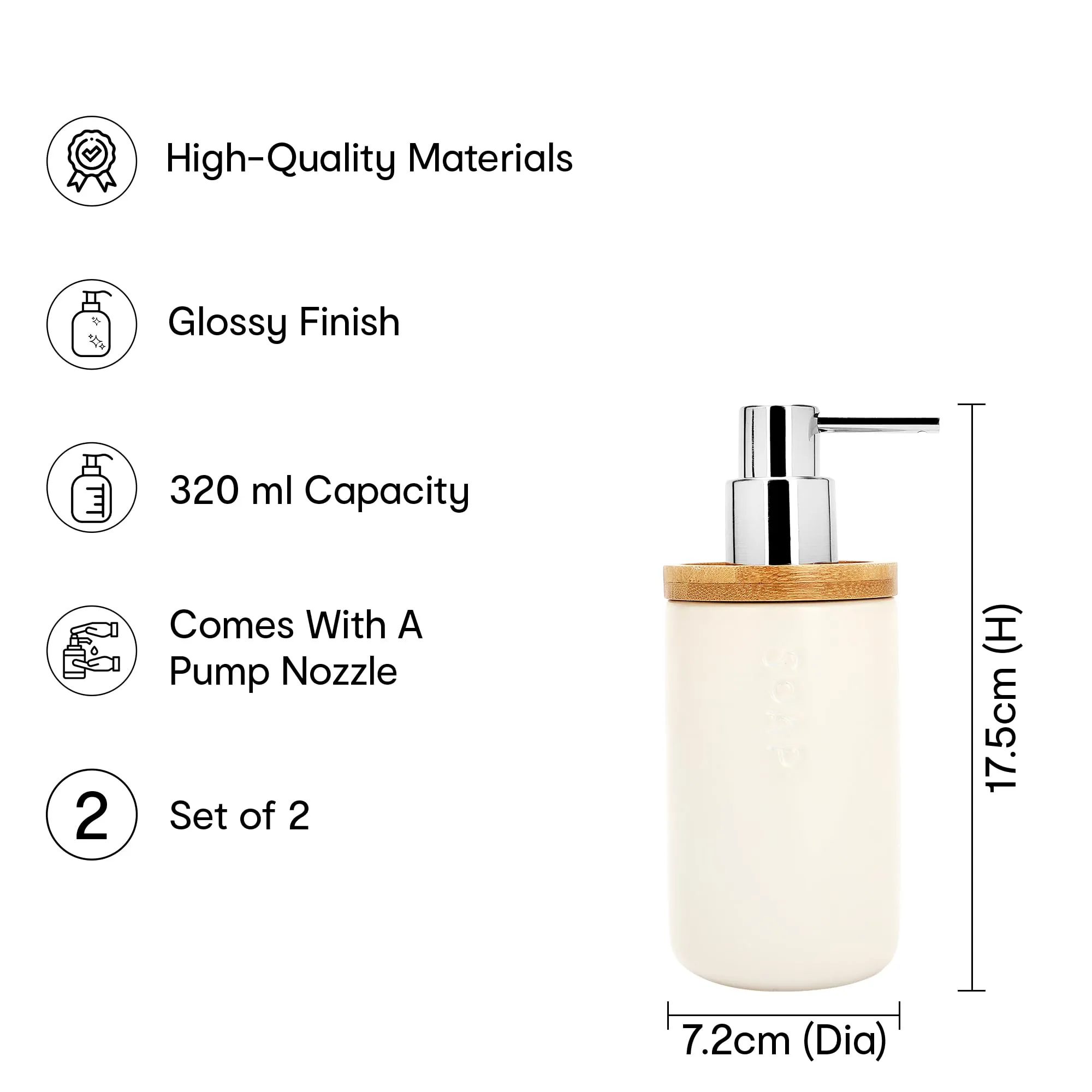 Anko Round Bamboo Soap Dispenser - Set of 2 | Elegant and Functional Bathroom Accessory | Natural Look| Easy to Clean| Aesthetic Bayhroom Decor 250ml Capacity