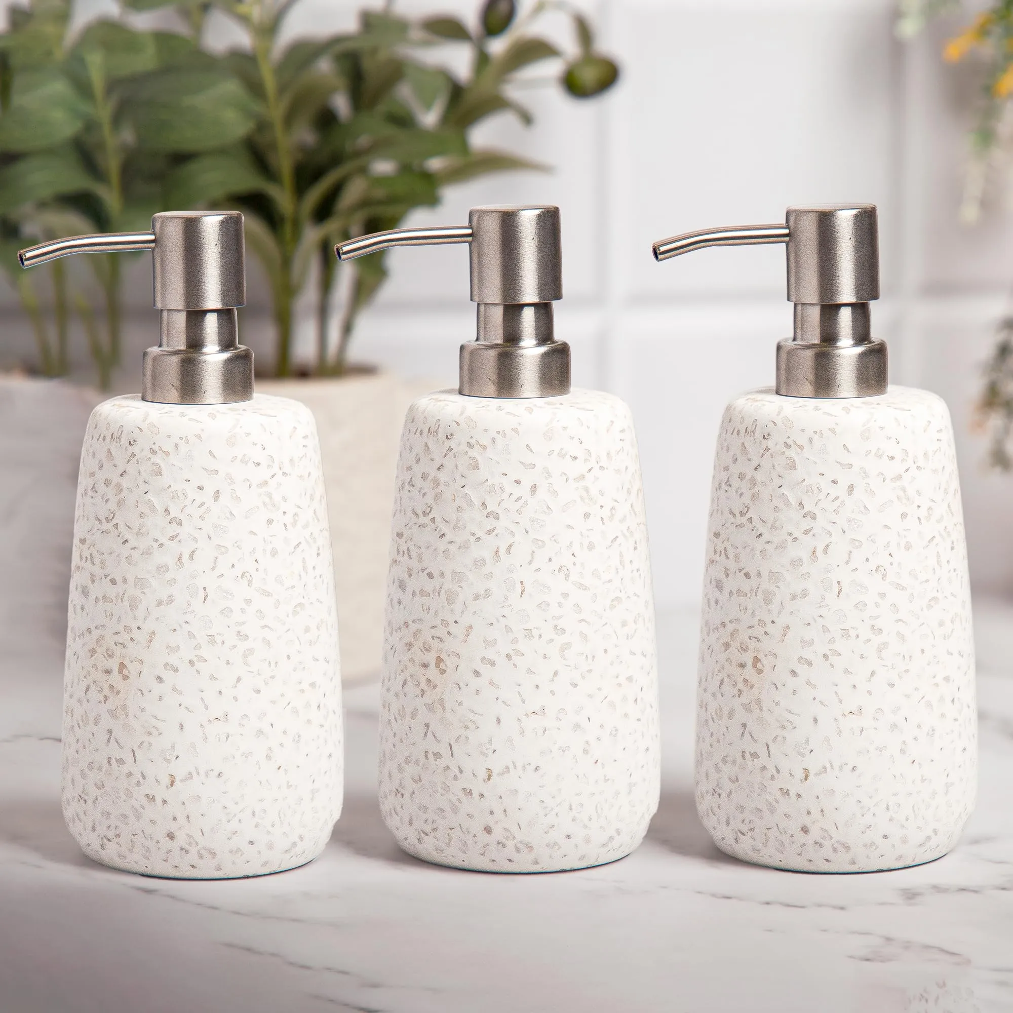 Anko Terrazzo Soap Dispenser - Set of 3| Elegant Bathroom Accessory | 130 ml Capacity | 18cm (H) x 8cm (Dia.)