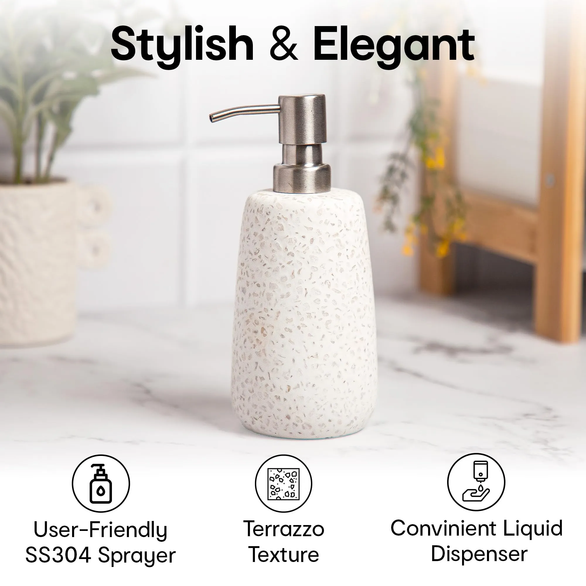 Anko Terrazzo Soap Dispenser - Set of 3| Elegant Bathroom Accessory | 130 ml Capacity | 18cm (H) x 8cm (Dia.)