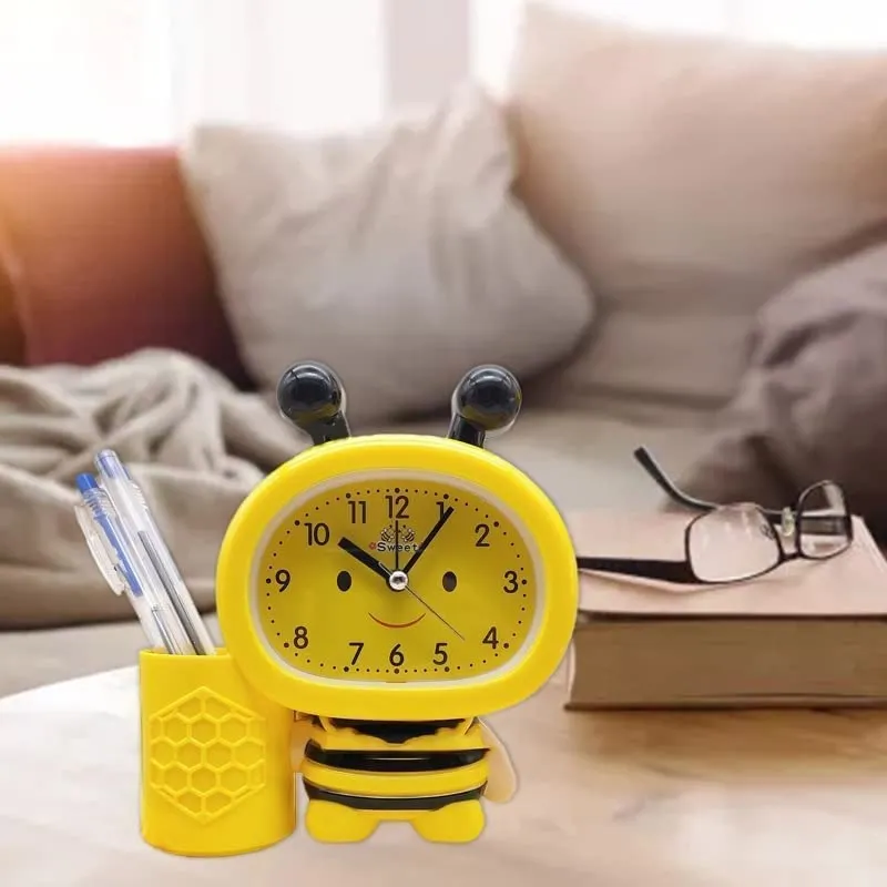 ARTLABEL Plastic Cute Bee Shaped Cartoon Theme Desk Alarm Clock With Pen Stand For Girls & Boys Kids Room Decor (Multicolour, 14 X13 X 4Cm) (Yellow), Analog