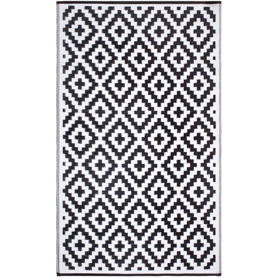 Aztec Black And White Monochrome Recycled Plastic Outdoor Rug