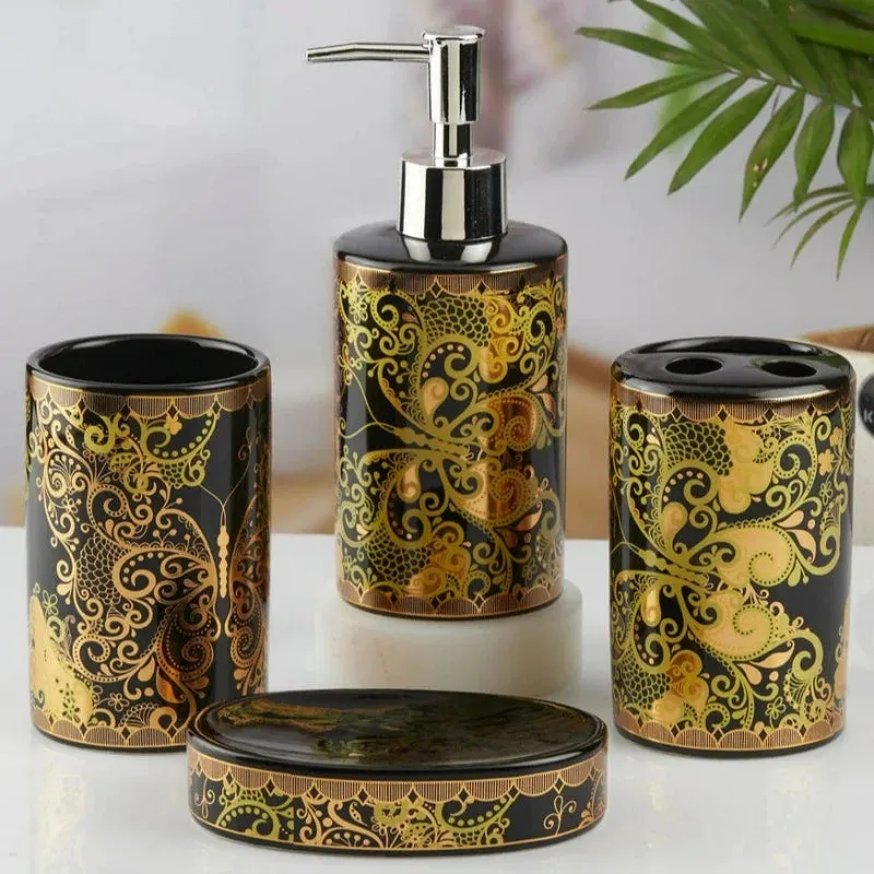 Bathroom Set Butterfly Black & Gold (Set of 4)