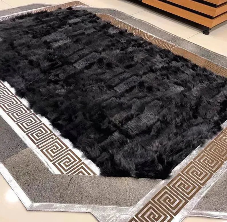 Black Gray Natural Sheepskin Area Rug, Unique Design Handmade Decor Rug