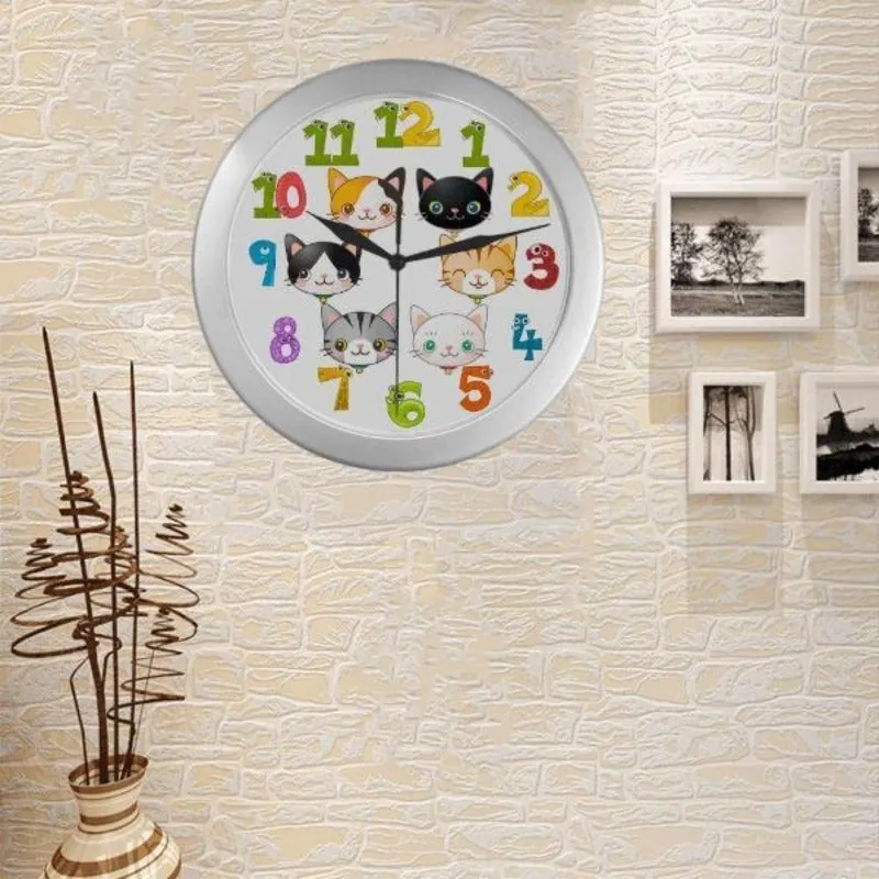 Cat Wall Clock Cute Kitty Cats Round Silver 9" Gifts For Cat Lovers