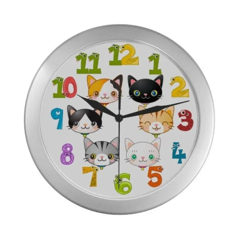 Cat Wall Clock Cute Kitty Cats Round Silver 9" Gifts For Cat Lovers