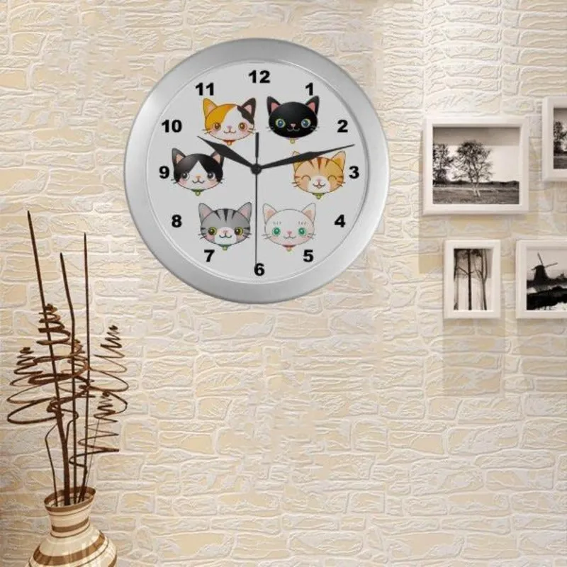 Cat Wall Clock Cute Kitty Cats Round Silver 9" Gifts For Cat Lovers