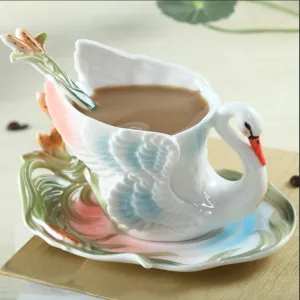 Creative Romantic Swan Coffee Cup Colored Enamel Porcelain Mug with Saucers and Tea Spoons Gift