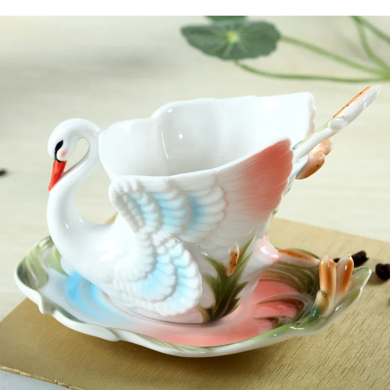 Creative Romantic Swan Coffee Cup Colored Enamel Porcelain Mug with Saucers and Tea Spoons Gift