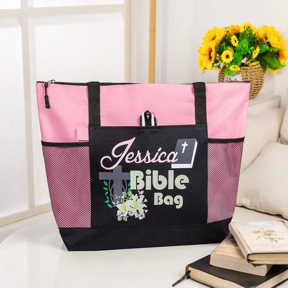 Custom Name Christian Tote Bags Bible Bag with Flower Faith Bag Church Tote Bag Christian Gifts for Girls Women Personalized Religious Tote Bag for Her Bible Tote Bag Religious Canvas Bag