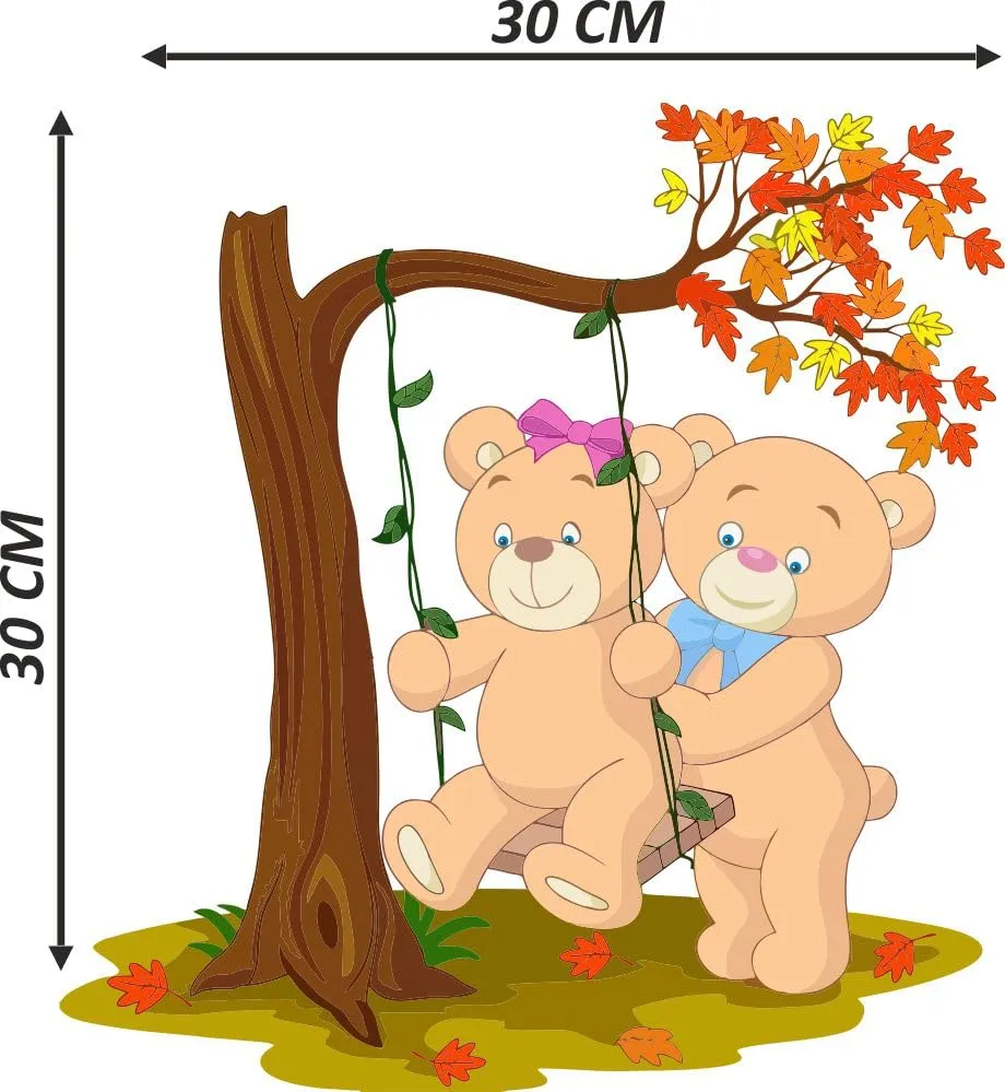 Decals Creation Wall Sticker - Beautiful Wall Sticker Teddy Bears Playing Swing Under a Tree (30x30 Cm) for Living Room, Drawing Room, Hall, Children's bedrooms, and playrooms Sticker