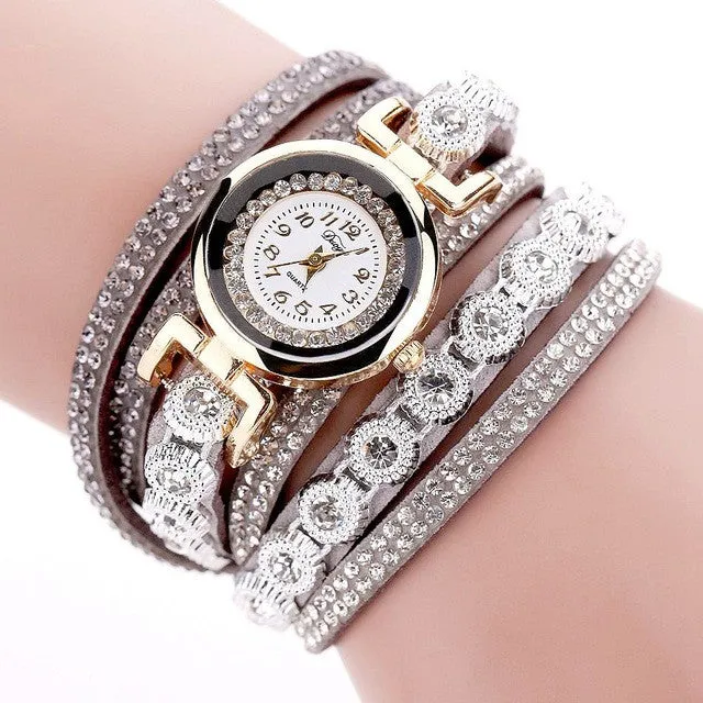 Duoya Brand Women Bracelet Watch 2016 Crystal Round Dial Luxury Wrist Watch For Women Dress Gold Ladies Leather Clock Watch