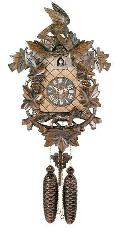 Eight Day Hand-carved Cuckoo Clock with Aesop's Fable Themed Carvings - Fox, Bird and Grapevines