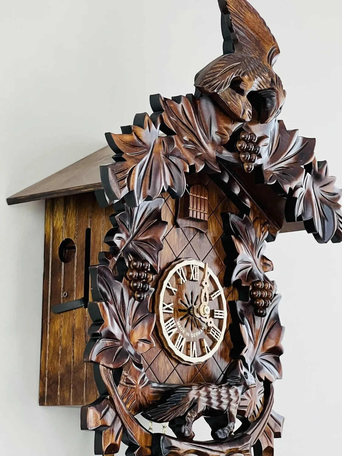 Eight Day Hand-carved Cuckoo Clock with Aesop's Fable Themed Carvings - Fox, Bird and Grapevines