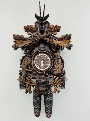 Eight Day Hunter's Cuckoo Clock with Hand-carved Oak Leaves, Animals, Rifles, and Buck