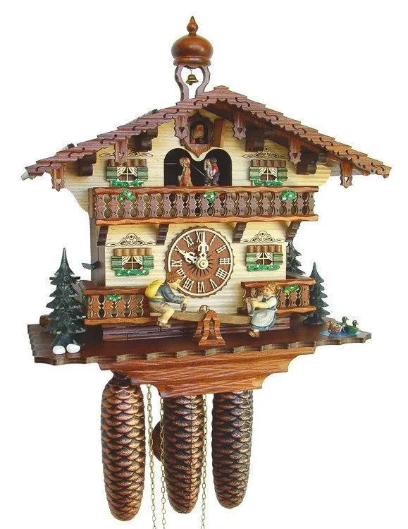 Eight Day Musical Cuckoo Clock Cottage with Boy and Girl on Seesaw