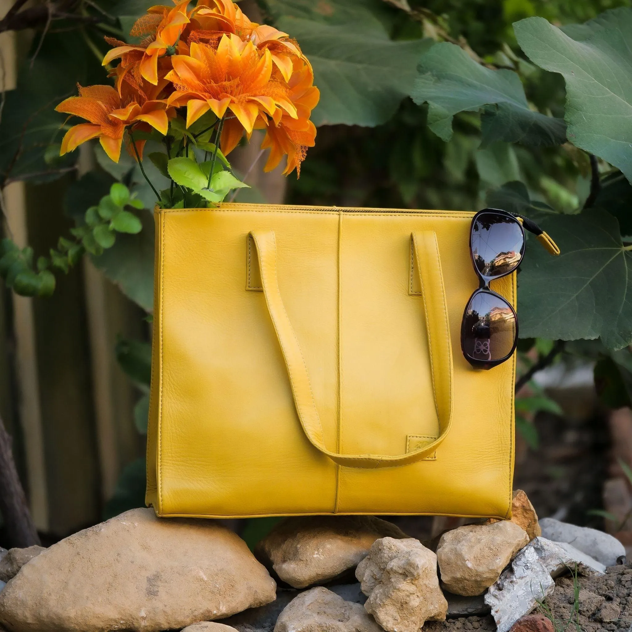 Everyday Women's Leather  Zipper Tote Bag-Mustard Yellow