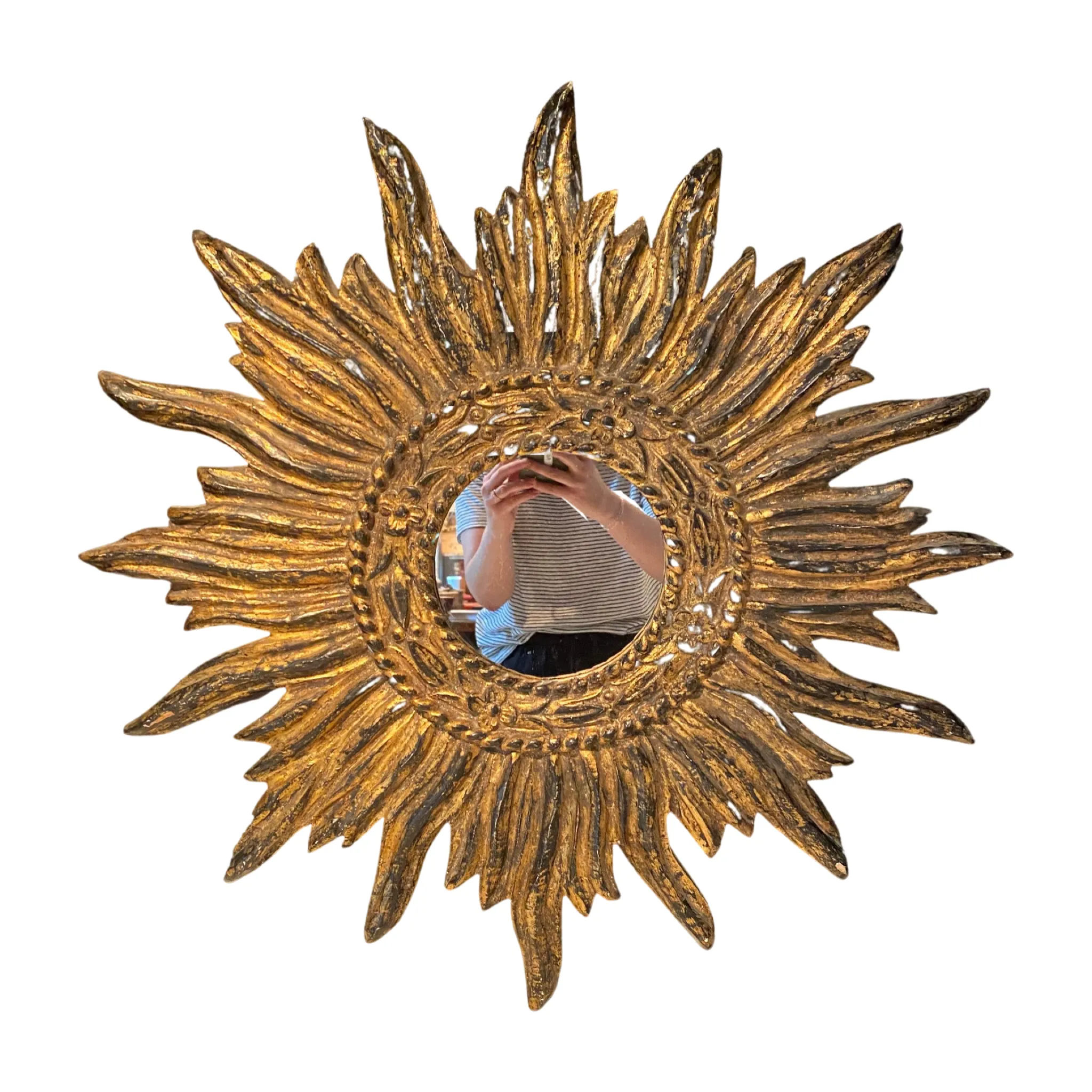 French Intricate Carved Gilt Wood Soleil Sunburst Starburst Wall Mirror