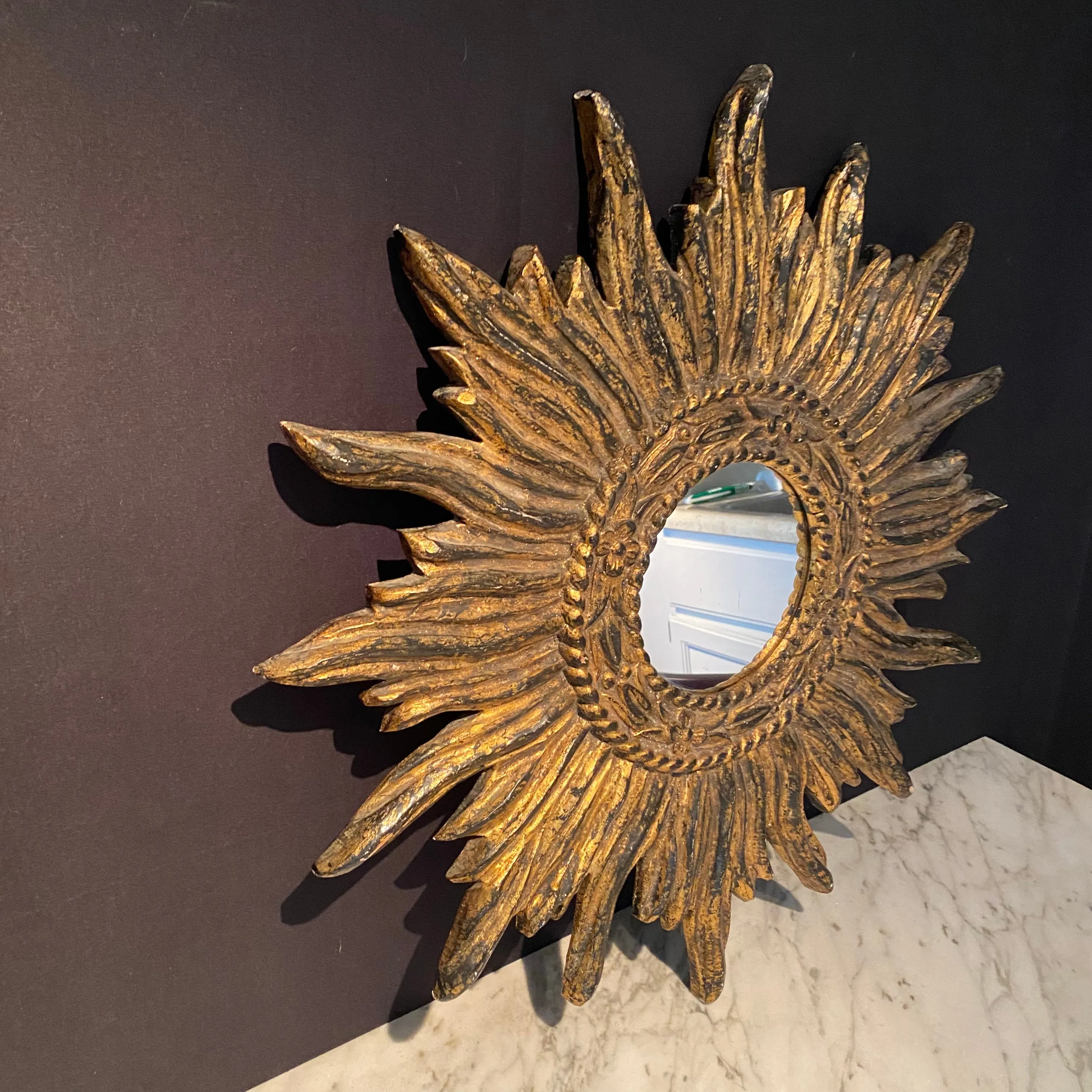 French Intricate Carved Gilt Wood Soleil Sunburst Starburst Wall Mirror