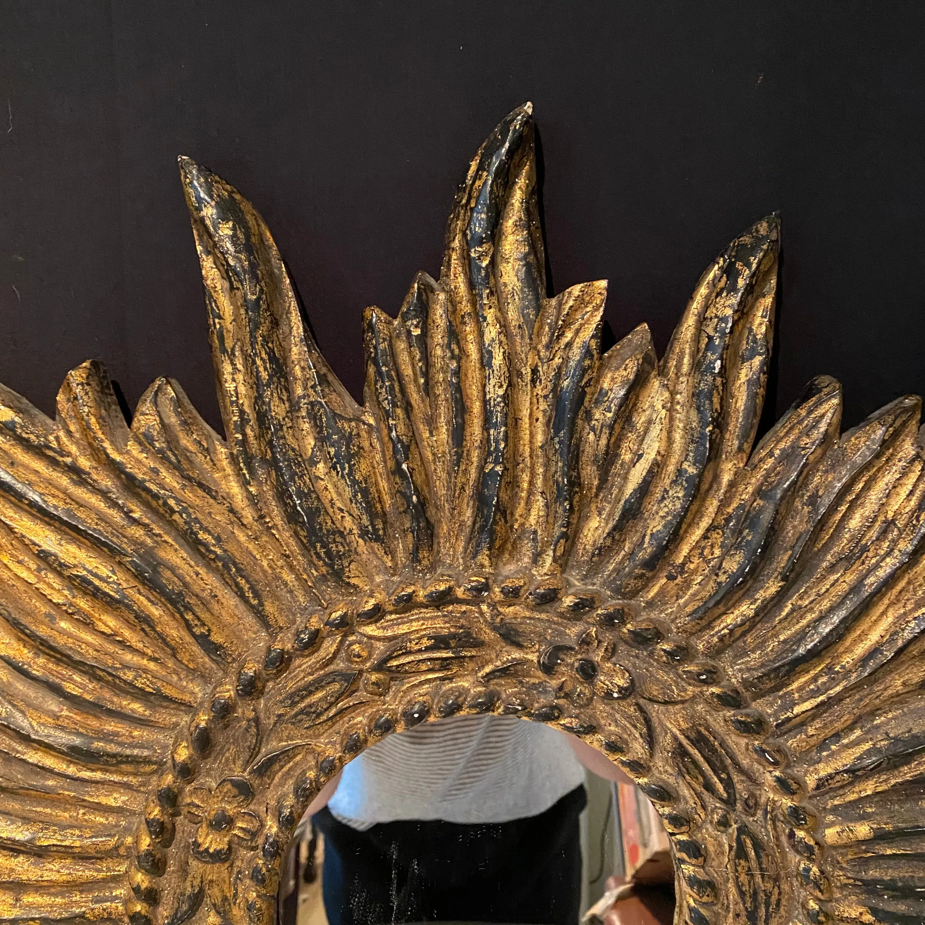 French Intricate Carved Gilt Wood Soleil Sunburst Starburst Wall Mirror