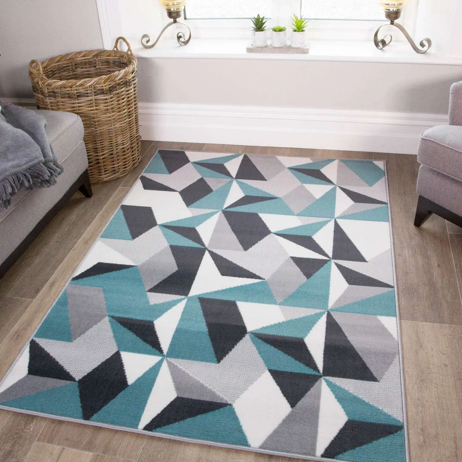 Geometric Blue and Grey Rug