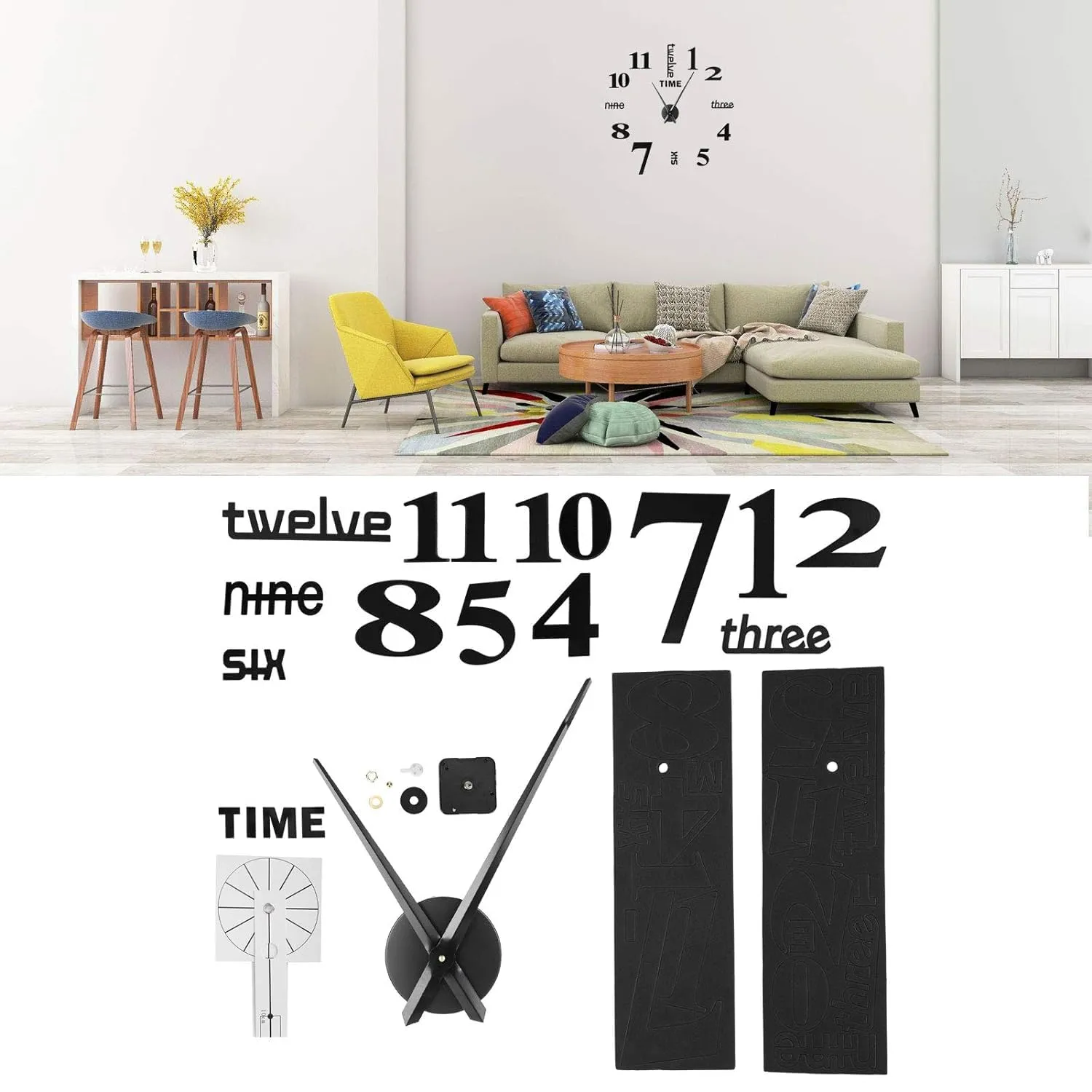 HEBEZON Large DIY Wall Clock Kit, 3D Frameless Wall Clock with Mirror Stickers for Home Living Room Bedroom Office Decoration - Black