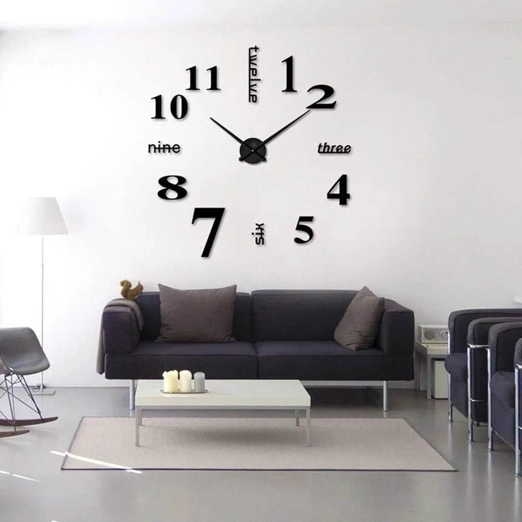 HEBEZON Large DIY Wall Clock Kit, 3D Frameless Wall Clock with Mirror Stickers for Home Living Room Bedroom Office Decoration - Black