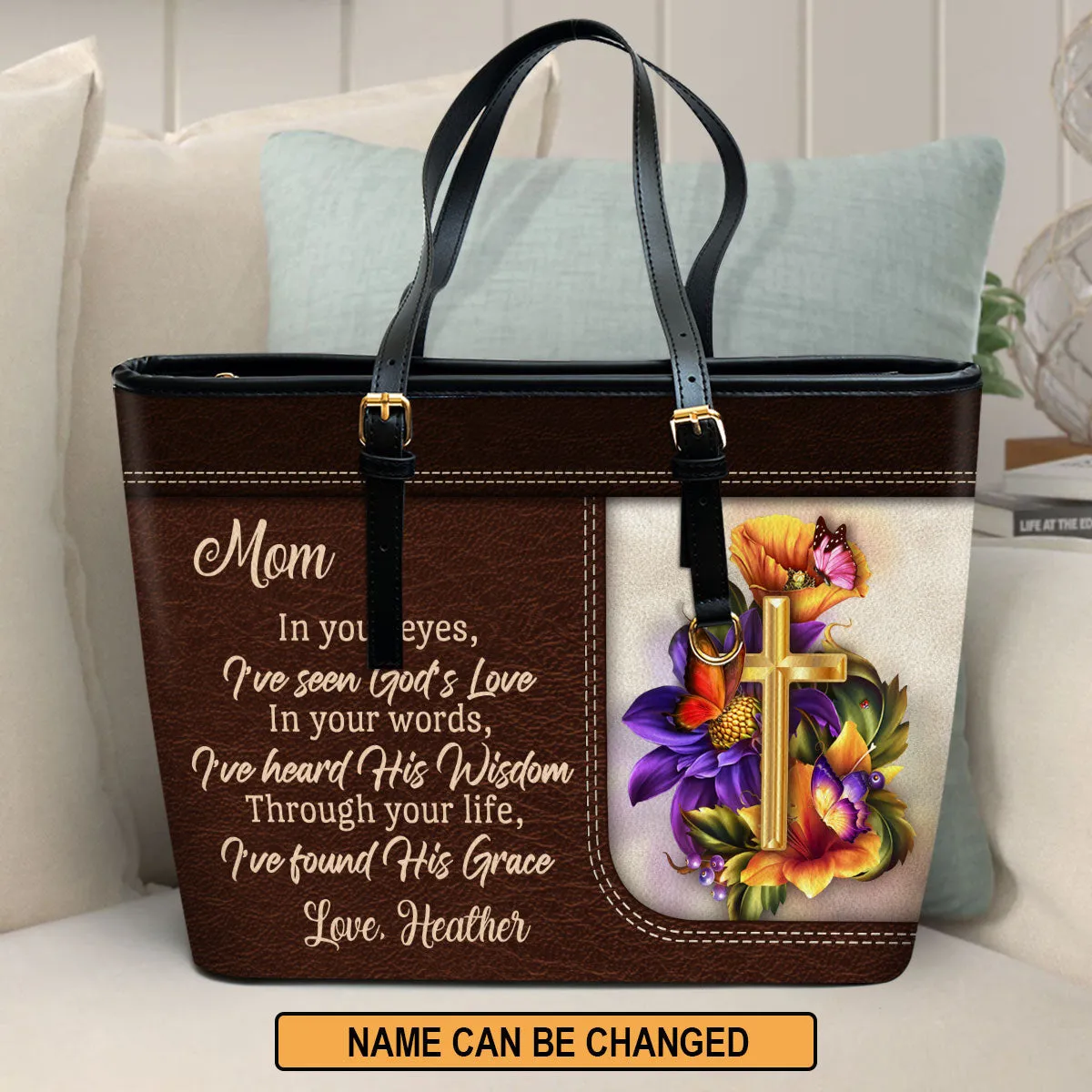 In Your Words I‘ve Heard His Wisdom Personalized Large Leather Tote Bag - Christian Inspirational Gifts For Women