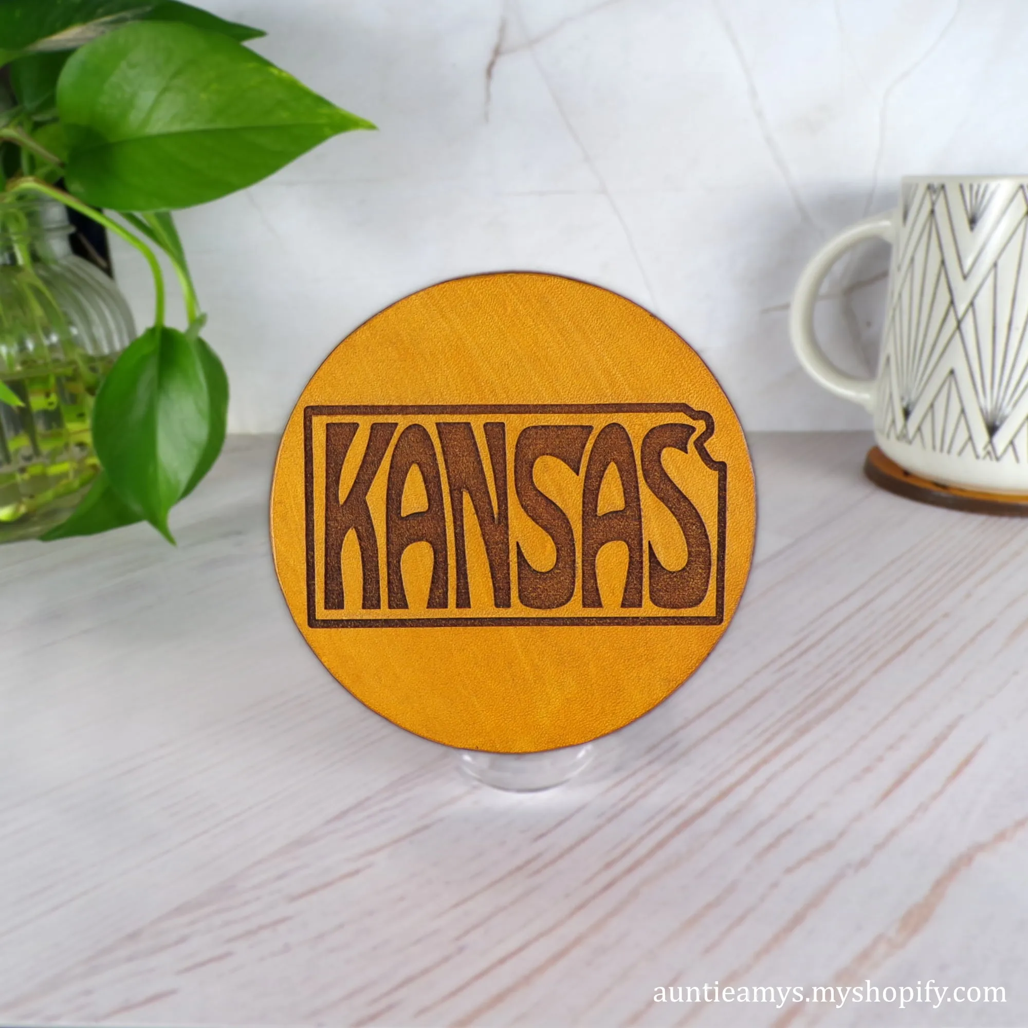 Kansas State Shape - Leather Coaster