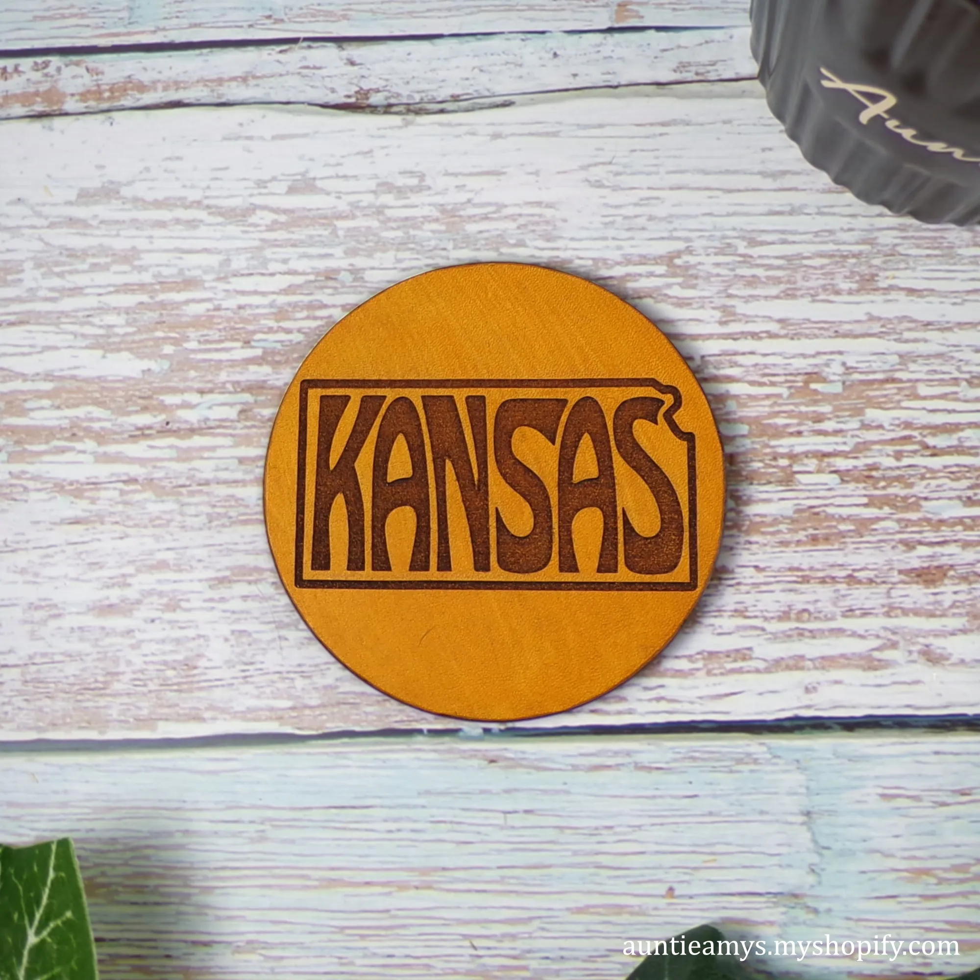 Kansas State Shape - Leather Coaster