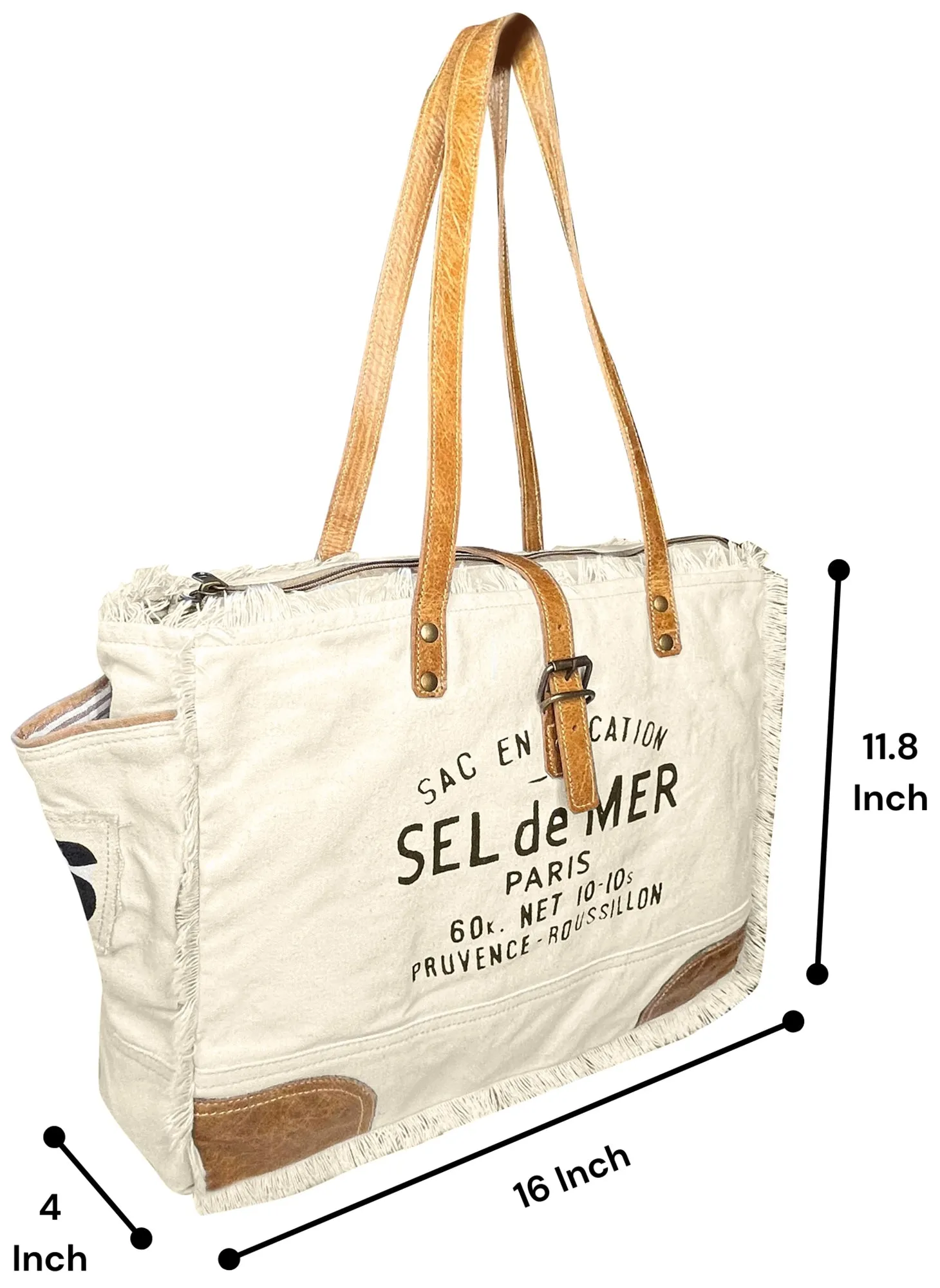 Leather Canvas Tote Bag for Women - Sel de Mer French-Inspired Shoulder Bag, White