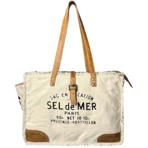 Leather Canvas Tote Bag for Women - Sel de Mer French-Inspired Shoulder Bag, White