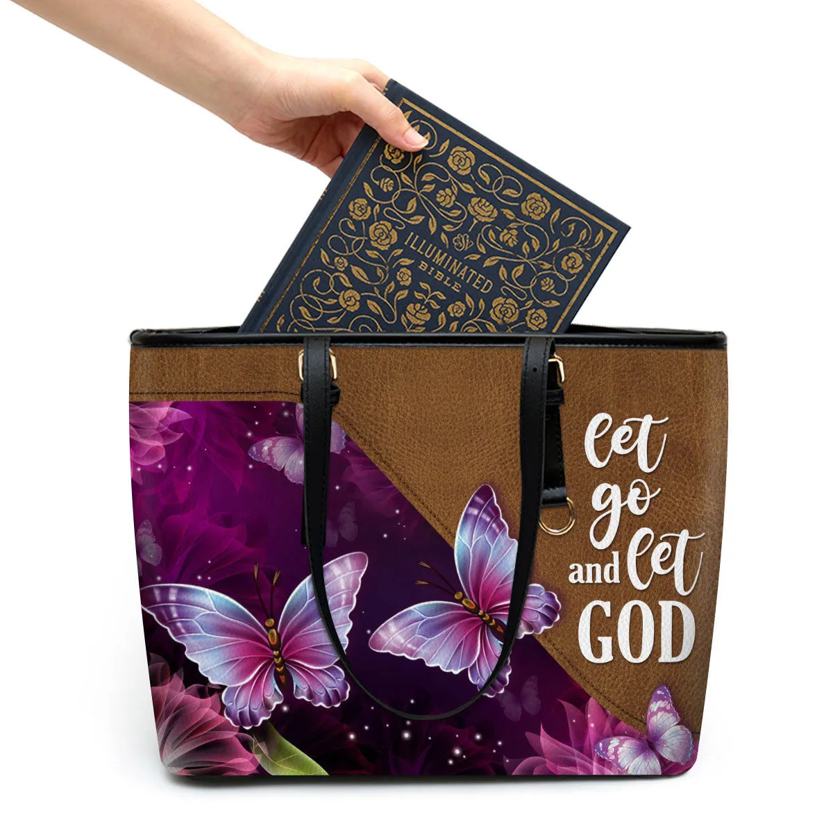 Let Go And Let God Butterfly Large Leather Tote Bag - Christ Gifts For Religious Women - Best Mother's Day Gifts