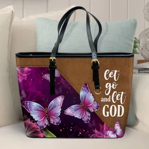 Let Go And Let God Butterfly Large Leather Tote Bag - Christ Gifts For Religious Women - Best Mother's Day Gifts