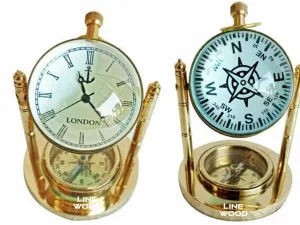 LINE WOOD™ - Handmade Antique Brass Table Clock Desk Clock Nautical Vintage Style Table Watch Compass Rounded Shape for Home & Office Decor (5 Inch - Brown)