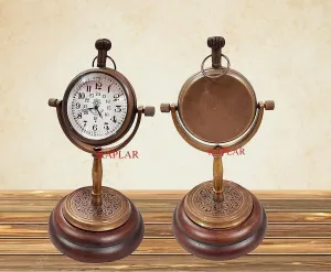 LINE WOOD™ - Handmade Antique Brass Table Clock Desk Clock Watches with Wooden Rounded Shape Home & Office Decor Wedding Gift (5 Inch - Antique Brown)