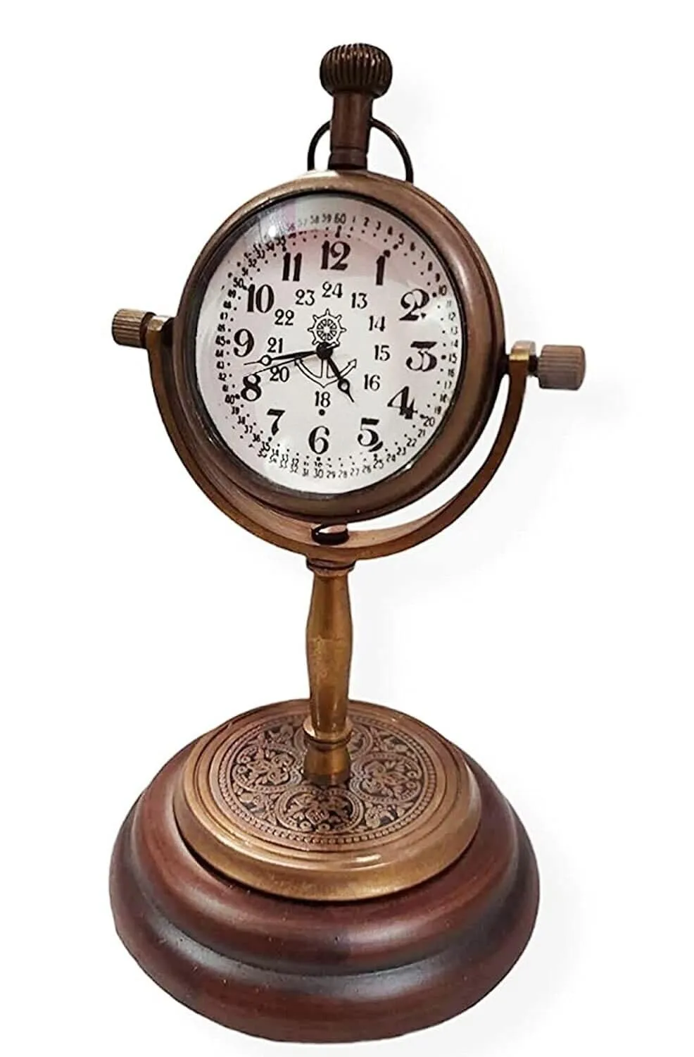 LINE WOOD™ - Handmade Antique Brass Table Clock Desk Clock Watches with Wooden Rounded Shape Home & Office Decor Wedding Gift (5 Inch - Antique Brown)