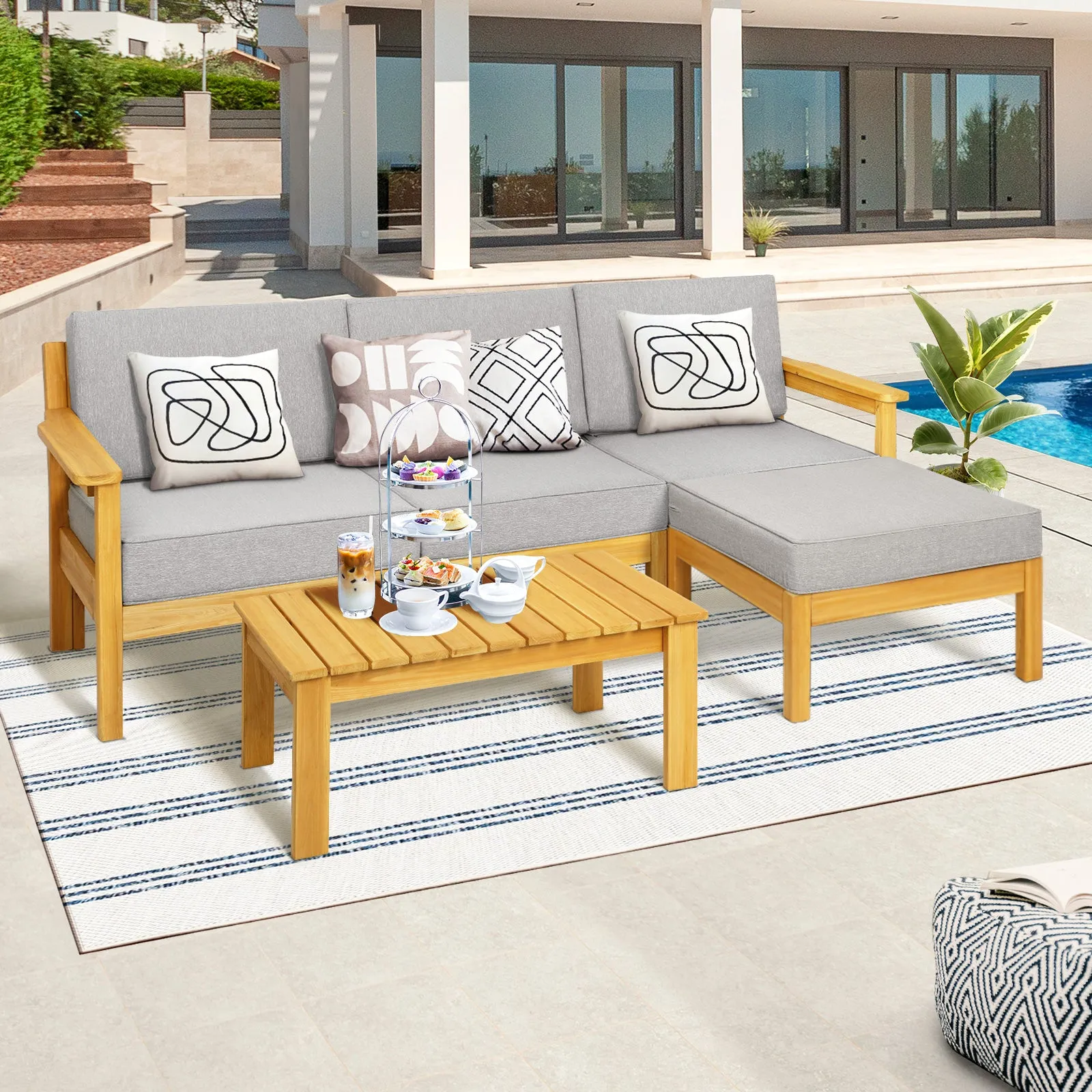 Livsip Outdoor Sofa Set Patio Furniture Wooden Table Chairs Garden Lounge 5Piece