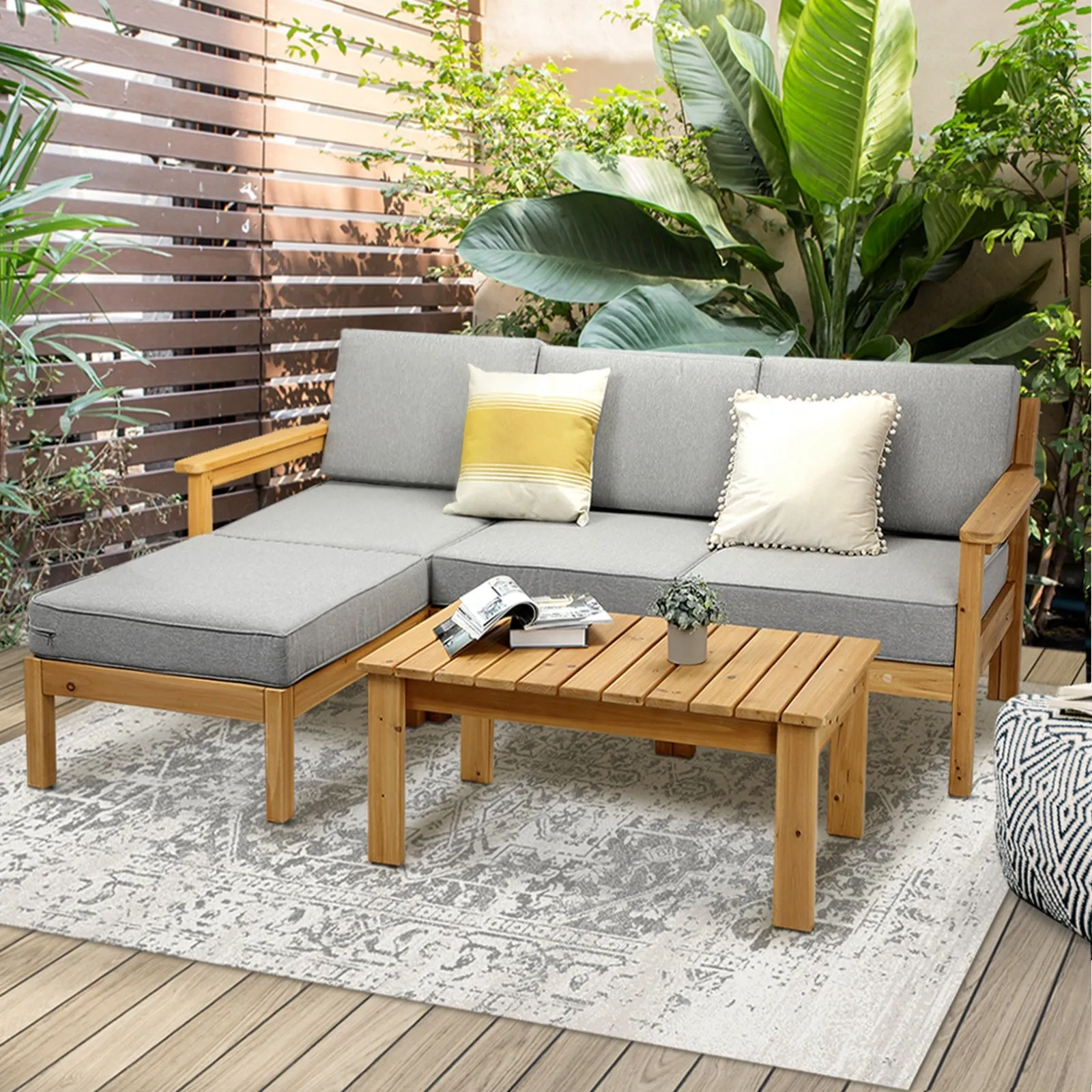 Livsip Outdoor Sofa Set Patio Furniture Wooden Table Chairs Garden Lounge 5Piece