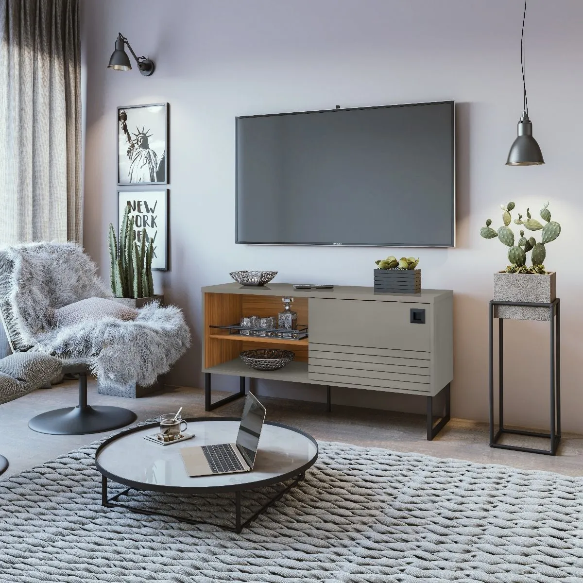 Loft 47.24 Modern TV Stand with Steel Legs in Grey and Wood