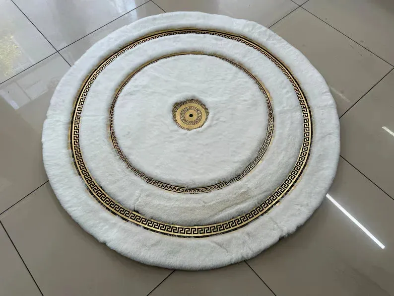 Luxury Gold White Faux Fur Round Rug, Handmade Plush Round Rug for Living Room