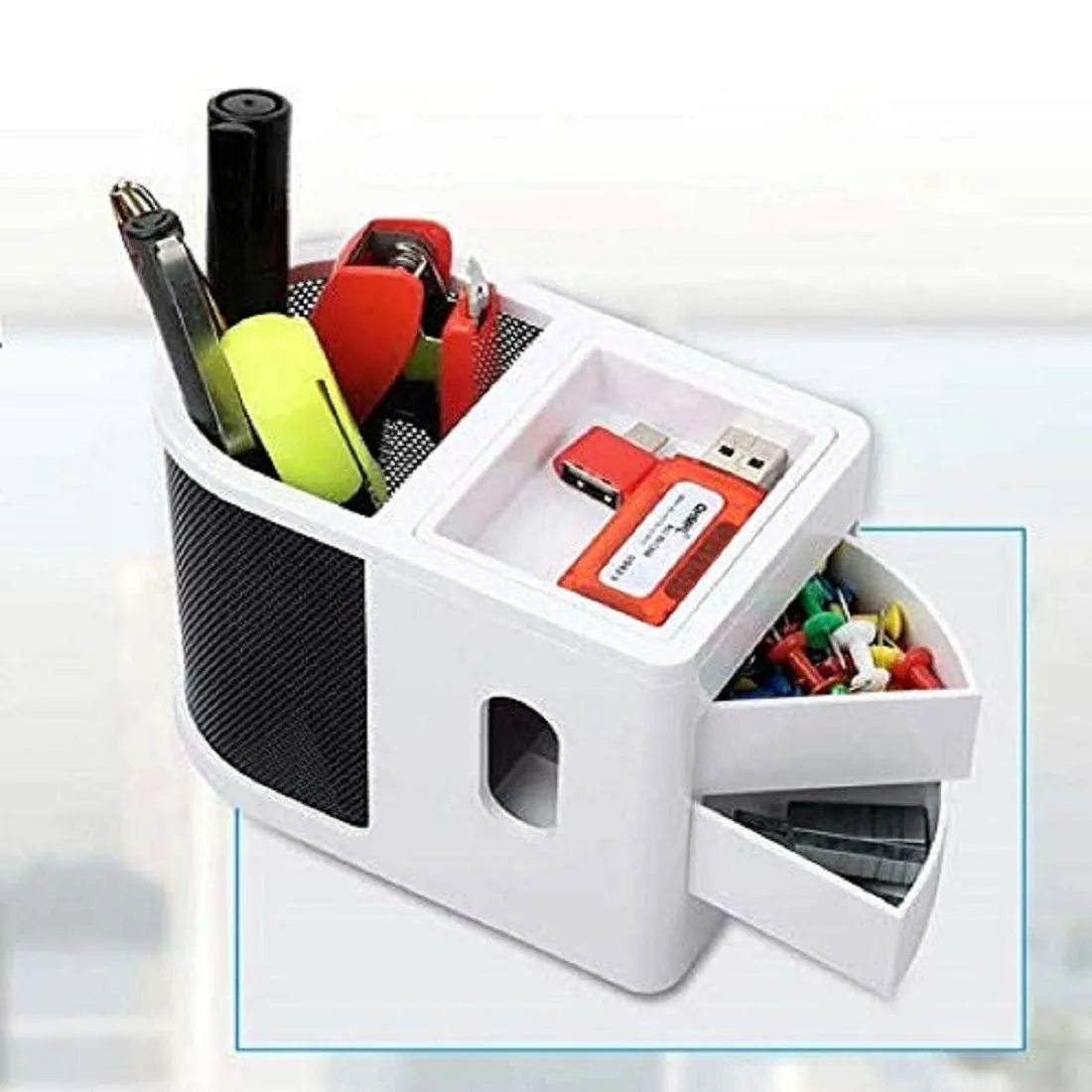 MEENAMART.COM Plastic Digital Clock with Tumbler, Stationary Holder and Slide Out Drawers, White