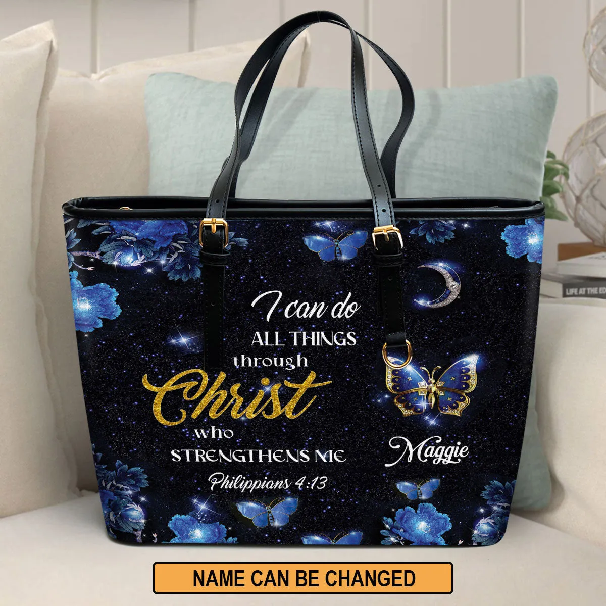 Personalized Large Leather Tote Bag I Can Do All Things Through Christ - Spiritual Gifts For Christian Women